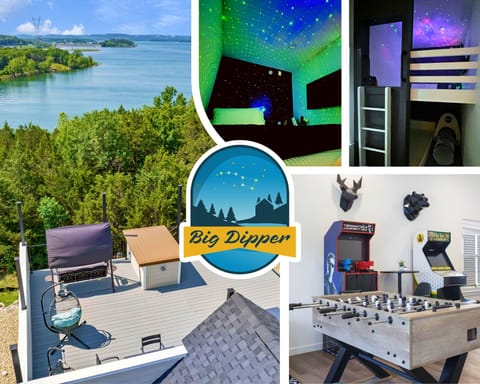 Welcome to Big Dipper—where lakefront views meet family fun! Enjoy a rooftop deck, stargazing bunk room, arcades, and cozy spaces for everyone.