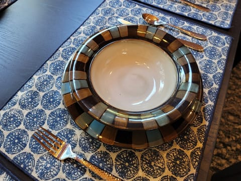 Robins Roost has enough dishes and flatware to serve dinner to up to 8.