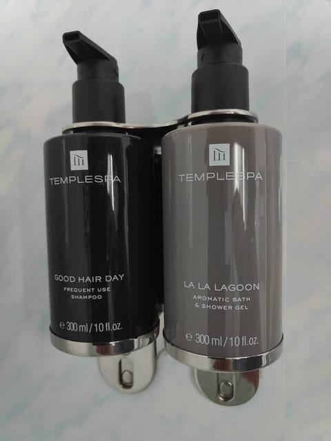 Shower, hydromassage showerhead, designer toiletries, hair dryer