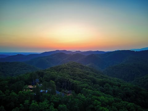 Cabin with a Hot Tub in the Smokies "Autumn Colors" - Aerial view from above the cabin at dawn