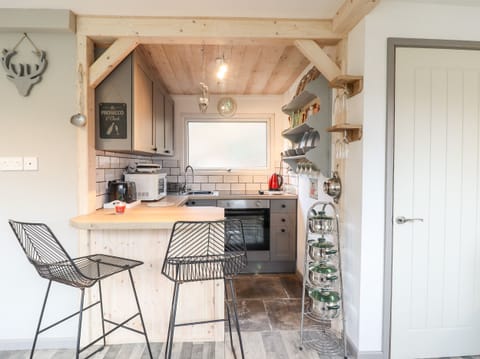 Fridge, electric kettle, toaster, cookware/dishes/utensils