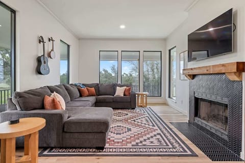 Comfortable living space with smart tv.