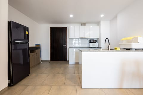 Deluxe Apartment | Private kitchen | Fridge, cookware/dishes/utensils