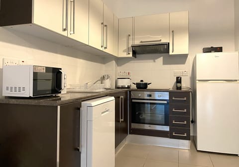 Luxury Apartment | Private kitchen | Full-size fridge, microwave, oven, stovetop