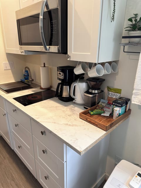 Family Studio | Private kitchen | Full-size fridge, microwave, stovetop, coffee grinder