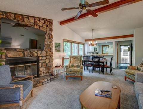 Large TV and wood burning fireplace