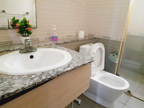 Family Apartment | Bathroom | Shower, rainfall showerhead, free toiletries, slippers