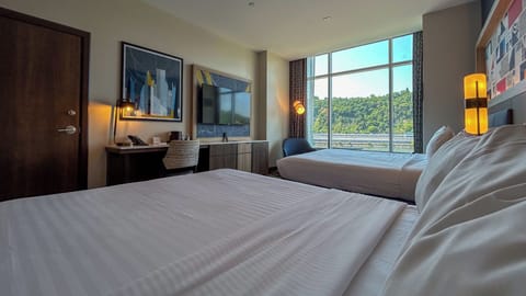 Standard Double Room, 2 Queen Beds, River View | Hypo-allergenic bedding, in-room safe, desk, laptop workspace