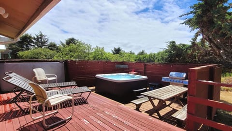 Back deck with spa hot tub, gas BBQ, chairs and a firepit. Fully fenced!