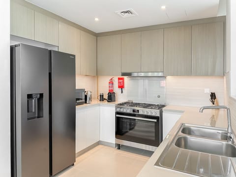 Deluxe Apartment | Private kitchen | Fridge, microwave, oven, stovetop