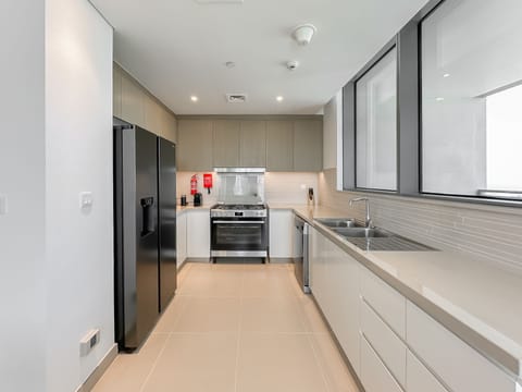 Deluxe Apartment | Private kitchen | Fridge, microwave, oven, stovetop