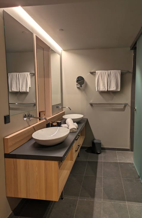 Senior Suite, Mountain View | Bathroom | Shower, rainfall showerhead, hair dryer, heated floors