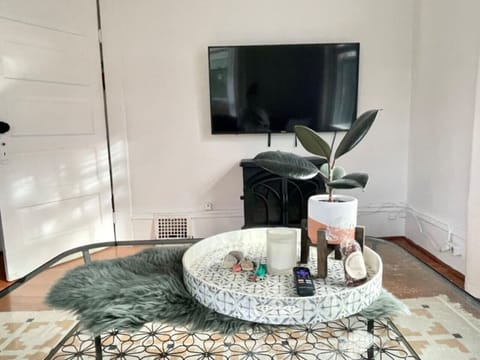 Living room with pull-out sofa, and desk! Also features a 55` Smart TV with Wifi and an electric fireplace :)