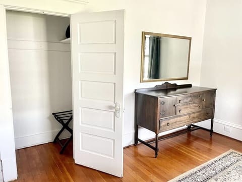 King bedroom features Portable Air Conditioner and Electric Fireplace, black out blinds and plenty of closet space.