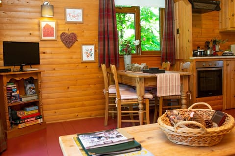 bookcase with books on and tv on top, coffee table, dining table with 4 seats with tablewear