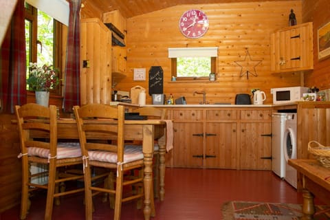 kitchen area with dining table set, wooden cupboards, sink, kettle , microwave, toaster