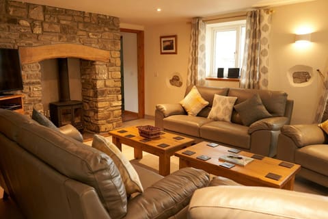 Lounge with sofas, armchair, fireplace,TV