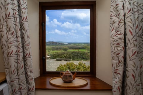 Decorative detail of teapot on a windowsill with countryside views