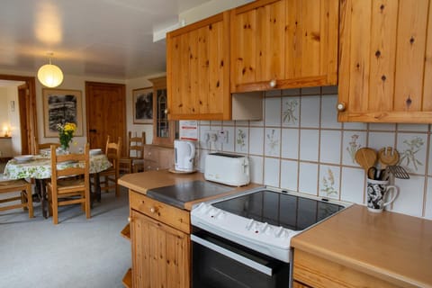 Kitchen with electric cooker, view of dining area