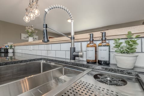 Updated sink area with dish soap, handsoap,cleaning supplies and dishwasher pods