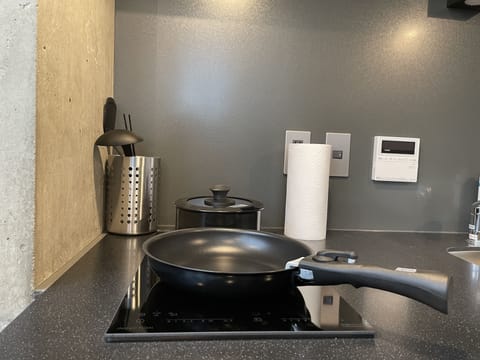 Full-size fridge, microwave, stovetop, electric kettle