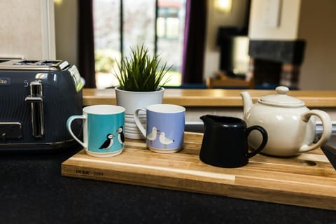 Tea cups, teapot and plant in the kitchen