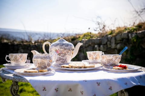 Garden table set for afternoon tea in garden