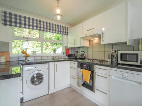 White wall and base cupboards. Window overlooking the rear patio area