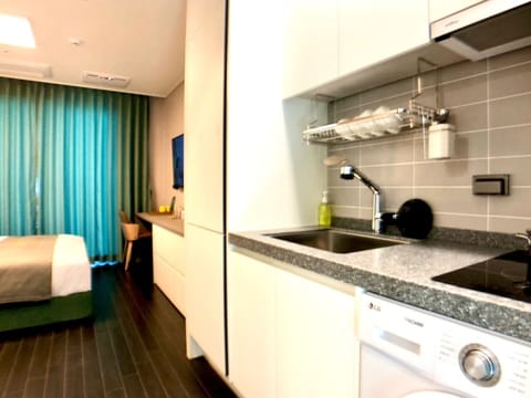 Double Room, Balcony, City View | Private kitchen | Fridge, microwave, electric kettle, cookware/dishes/utensils