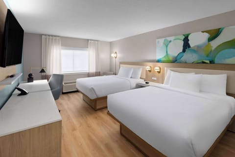 Desk, laptop workspace, blackout drapes, iron/ironing board