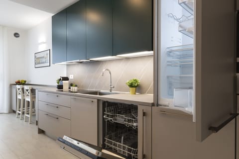 Panoramic Apartment | Private kitchen | Full-size fridge, microwave, oven, stovetop
