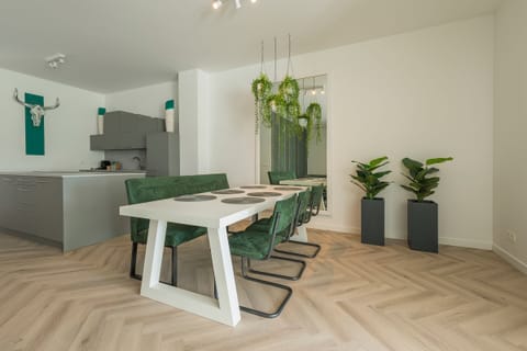Dining area with a modern white table, green chairs, and hanging plants adding a vibrant, natural atmosphere.