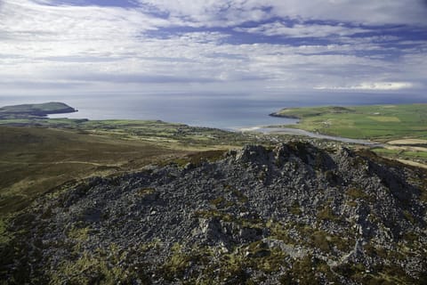 View from high on The Preseli Hills down to the sea at Newport