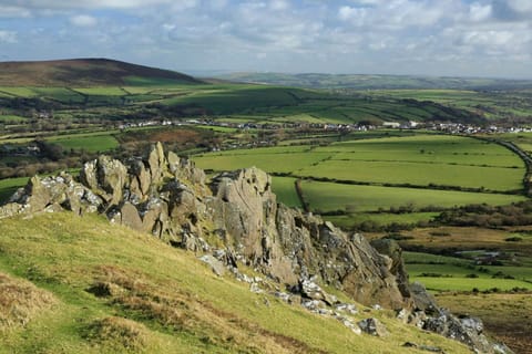 Rocky outcrop on the Preseli Hills with views across countryside