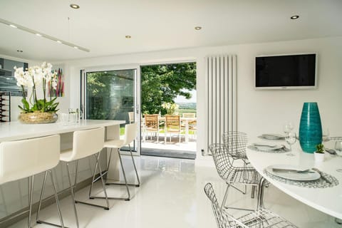 Wall mounted TV, counter seating for 4, large dining table seating 8