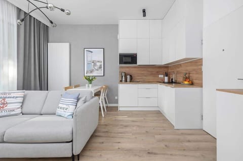 Bright open-plan living room with a grey sofa and a modern kitchenette.