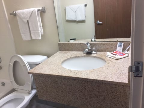 Combined shower/tub, free toiletries, hair dryer