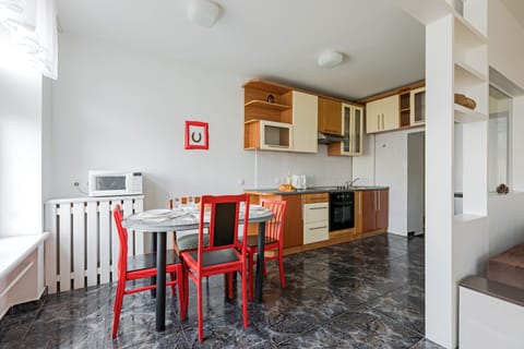 Luxury Apartment | Private kitchen | Full-size fridge, microwave, oven, stovetop