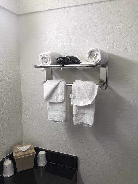 Combined shower/tub, free toiletries, hair dryer, towels