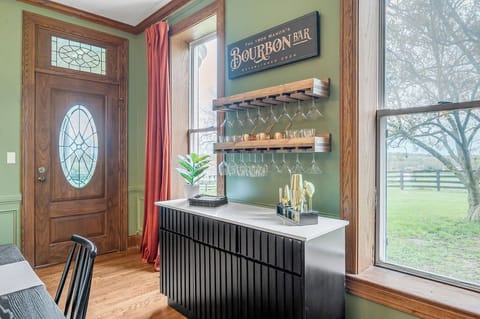 The manor’s bourbon bar nook is fully stocked with plenty of glassware and bar accessories — just bring your favorite bottle and enjoy the view.
