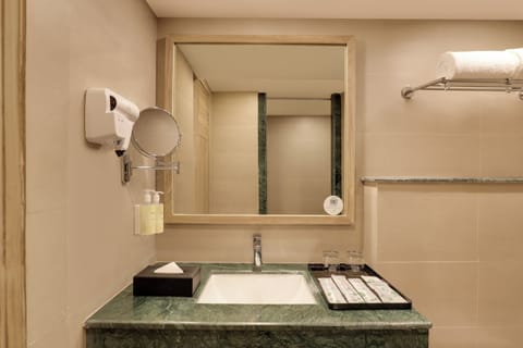 Executive Suite | Bathroom | Shower, rainfall showerhead, hair dryer, towels