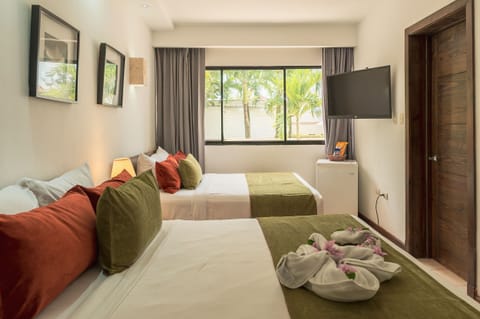 Double Room, 2 Queen Beds, Pool View | Premium bedding, desk, soundproofing, iron/ironing board