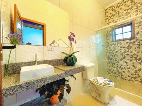 Shower, towels, soap, toilet paper