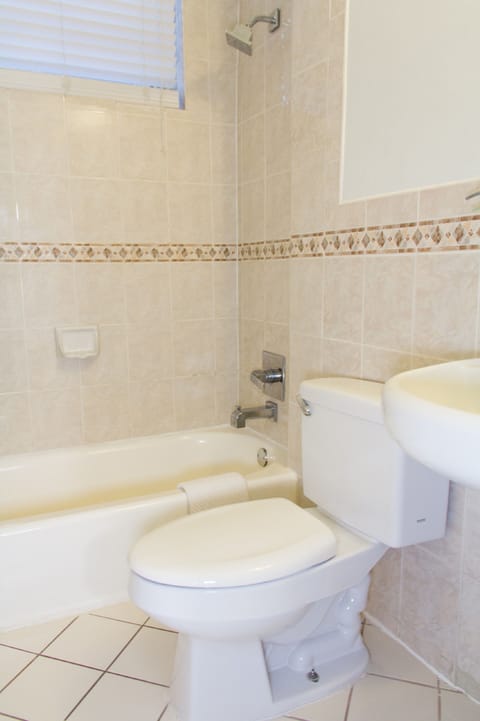 Combined shower/tub, free toiletries, hair dryer, towels