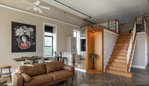 Cozy seating area by the stairs
