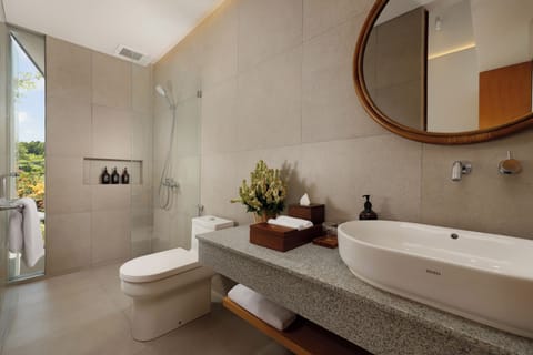 Hair dryer, slippers, towels, soap