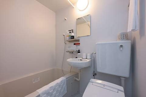 Combined shower/tub, hair dryer, slippers, bidet
