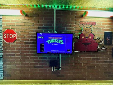 Kids can relax in our Teenage Mutant Ninja Turtle sewer lair with a Nintendo Switch and Roku TV. Perfect for when the little ninjas want to rest their shells, this space offers fun and entertainment in a vibrant, themed setting.