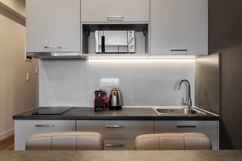 Design Apartment, City View | Private kitchen | Fridge, microwave, stovetop, espresso maker