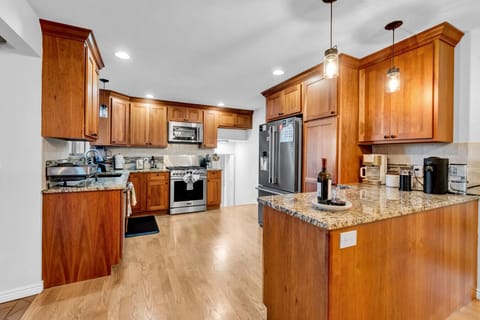 Connect with your family over a meal and the feeling is warm comfort. Fully stocked chef’s kitchen is always a hit. Slow cooker, sheet pans, blender, toaster, pots/ pans, spices, microwave, dishwasher. Everything you need. This kitchen is for you.